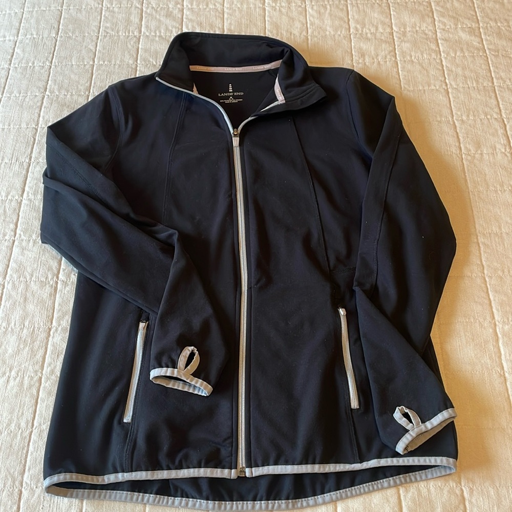 Lands End Athletic Full Zip Black Jacket with Grey Trim